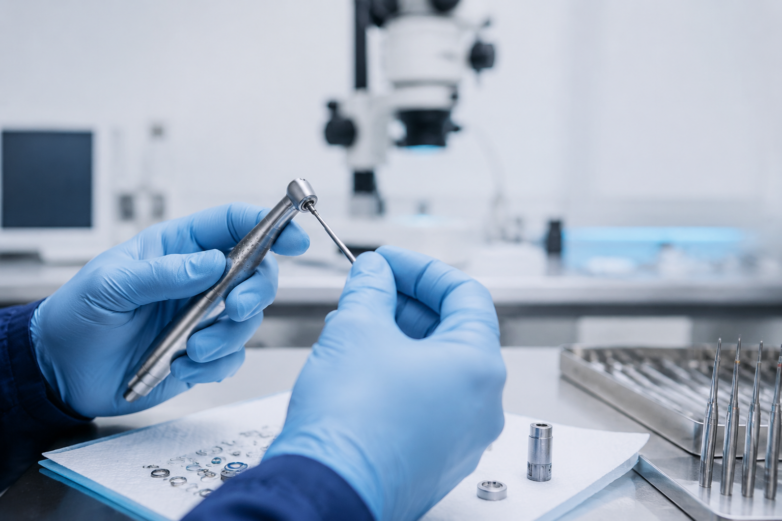 Técnico reparando una turbina dental en un taller de precisión